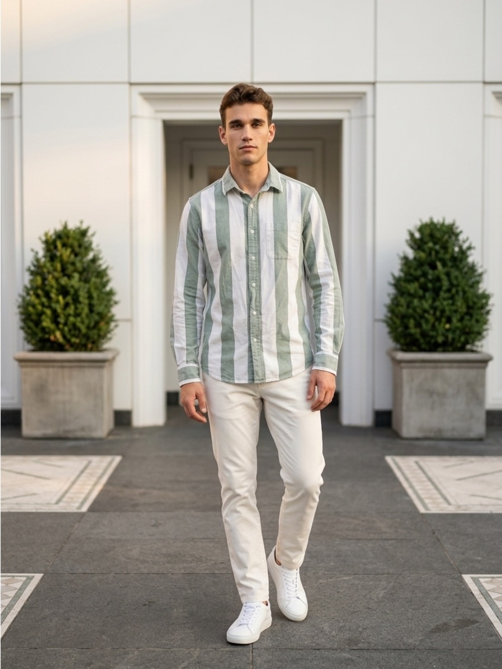 American Eagle Outfitters Green and White Striped Button-Up